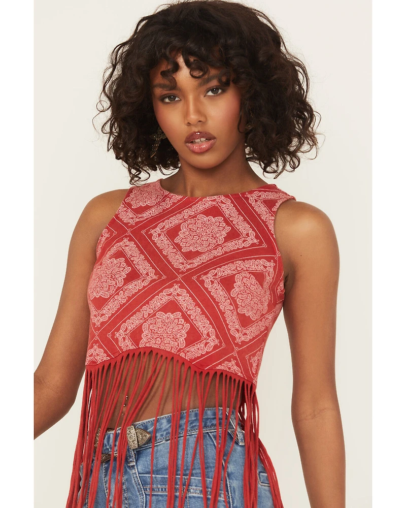 Rock & Roll Denim Women's Bandana Print Fringe Tank Top