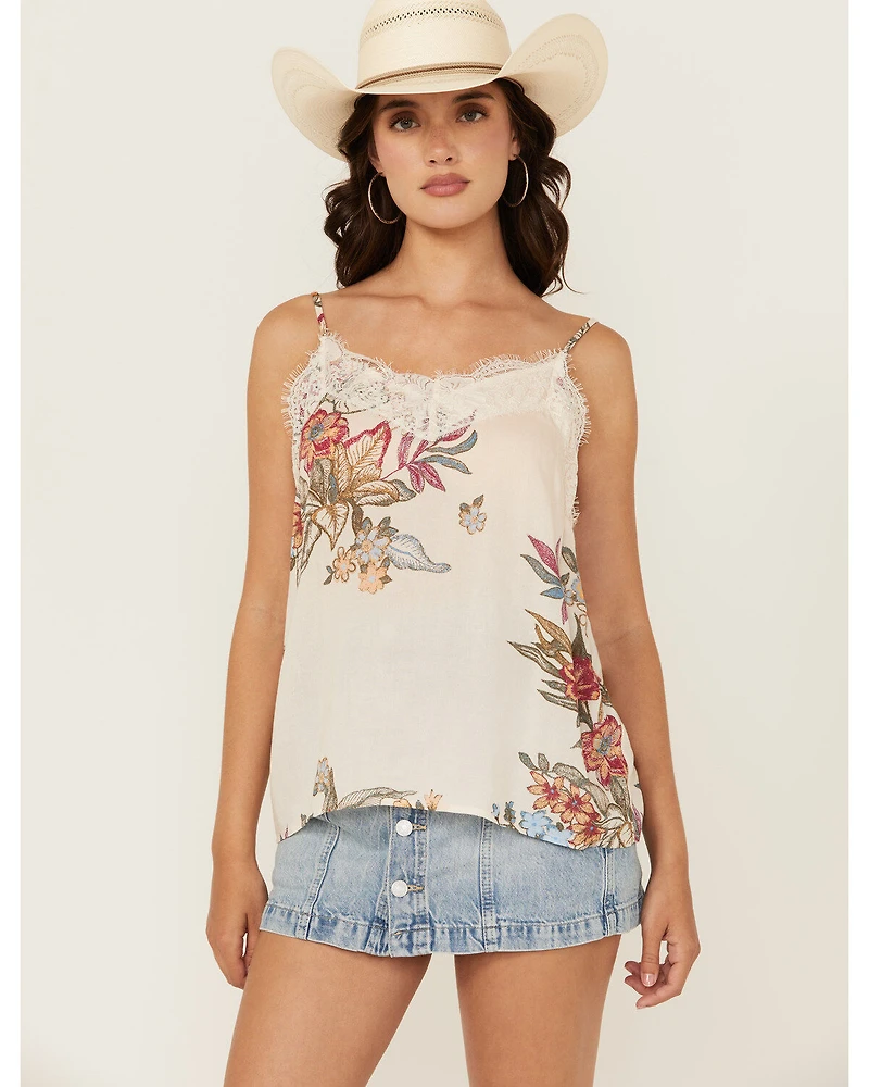 Wild Moss Women's Floral Print Lace Trim Cami Tank Top