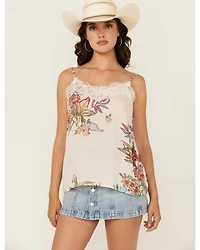 Wild Moss Women's Floral Print Lace Trim Cami Tank Top
