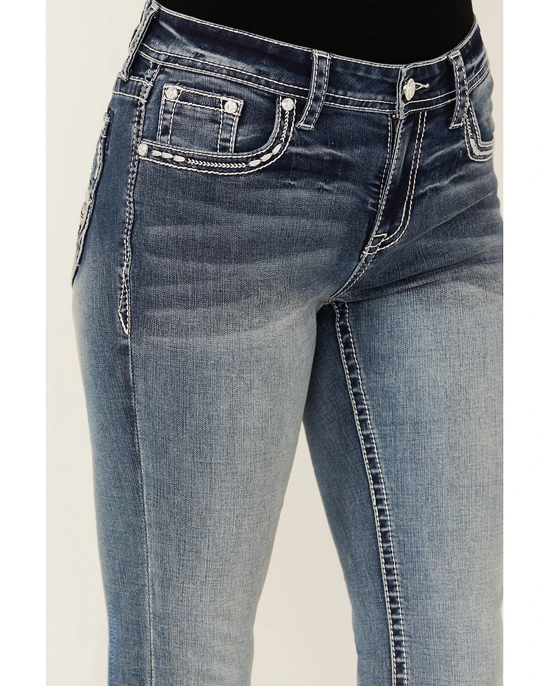 Grace LA Women's Medium Wash Americana Fleur De Lis Mid Rise Bootcut Stretch Denim Jeans