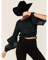 Shyanne Women's Dark Green Animal Print Bell Sleeve Crop Top