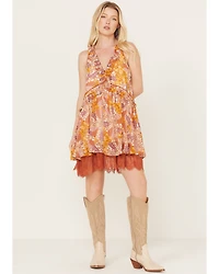 Miss Me Women's Floral Print Lace Sleeveless Mini Dress