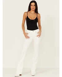 Miss Me Women's Mid Rise Whipstitch Border Pocket 34" Bootcut Stretch Denim Jeans