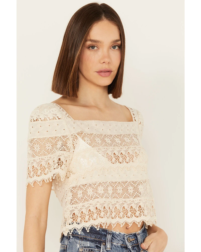 By Together Women's Crochet Short Sleeve Peasant Top