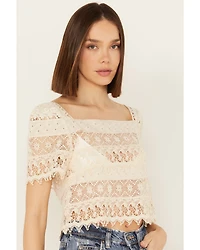 By Together Women's Crochet Short Sleeve Peasant Top