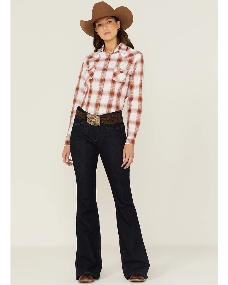 Rough Stock By Panhandle Women's Dobby Plaid Print Long Sleeve Western Pearl Snap Shirt