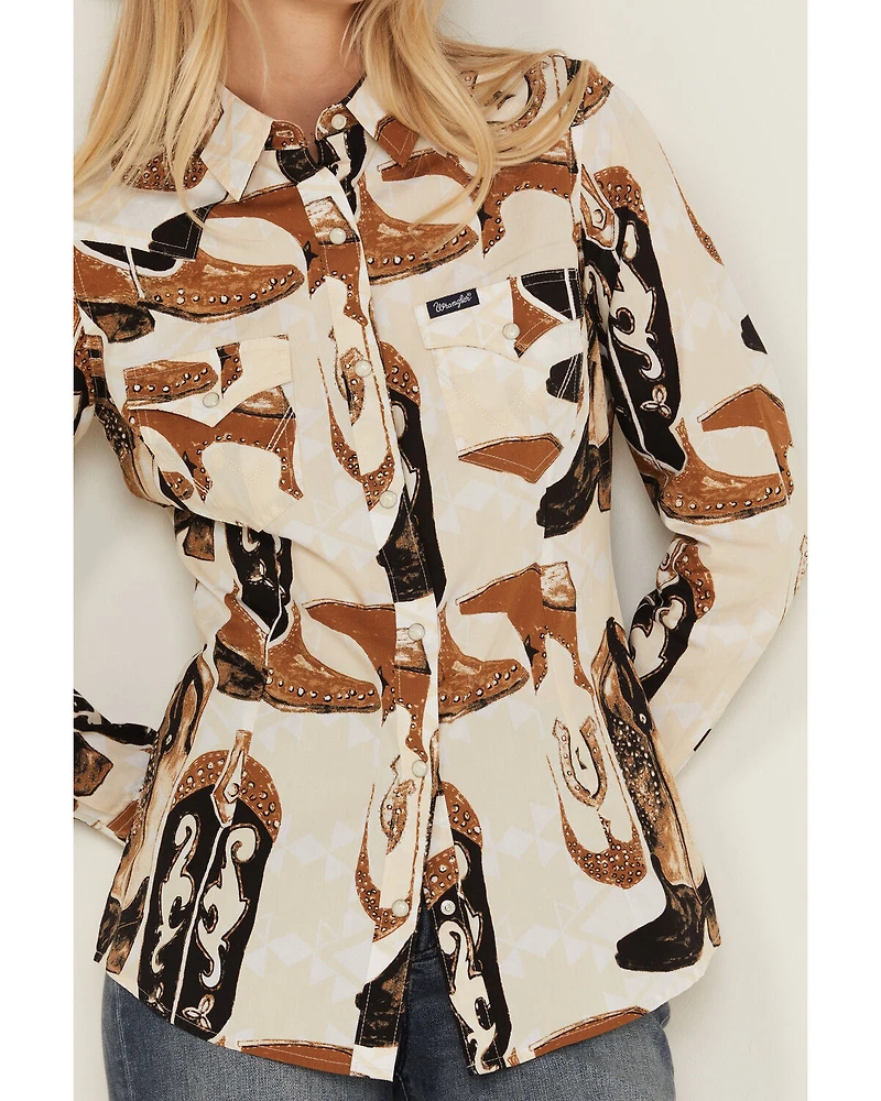 Wrangler Retro Women's Boot Print Long Sleeve Snap Western Shirt