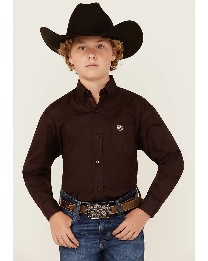 Panhandle Select Boys' Solid Long Sleeve Button-Down Stretch Western Shirt