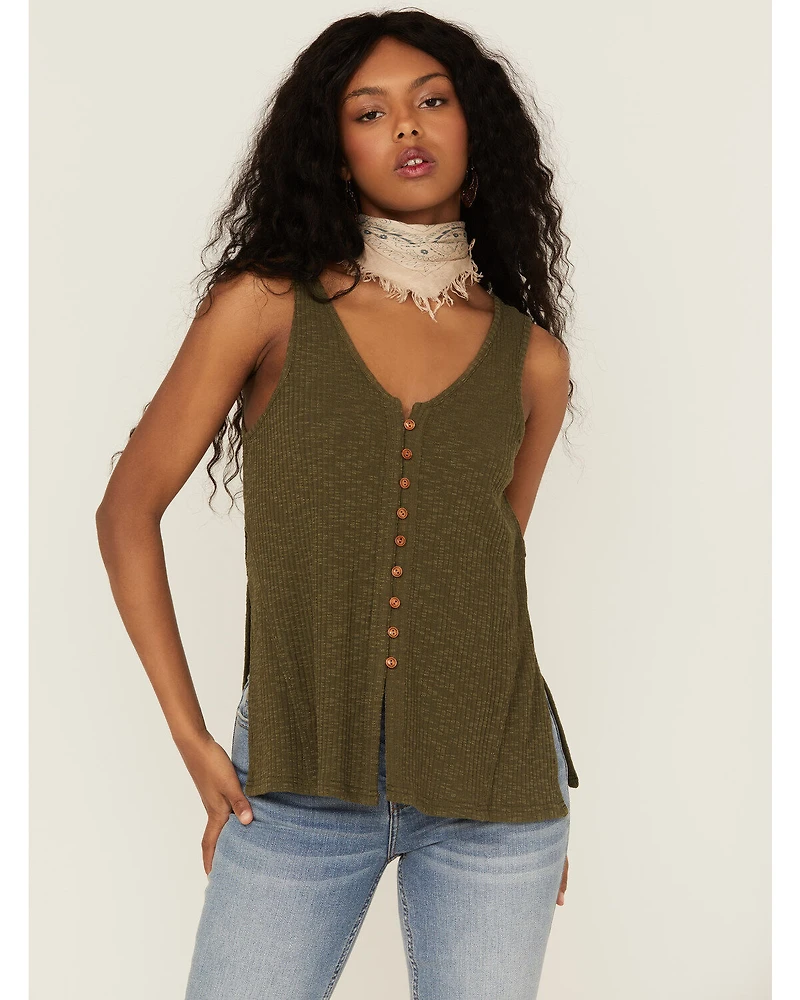 Cleo + Wolf Women's Olive Relaxed Button Front Slub Tank