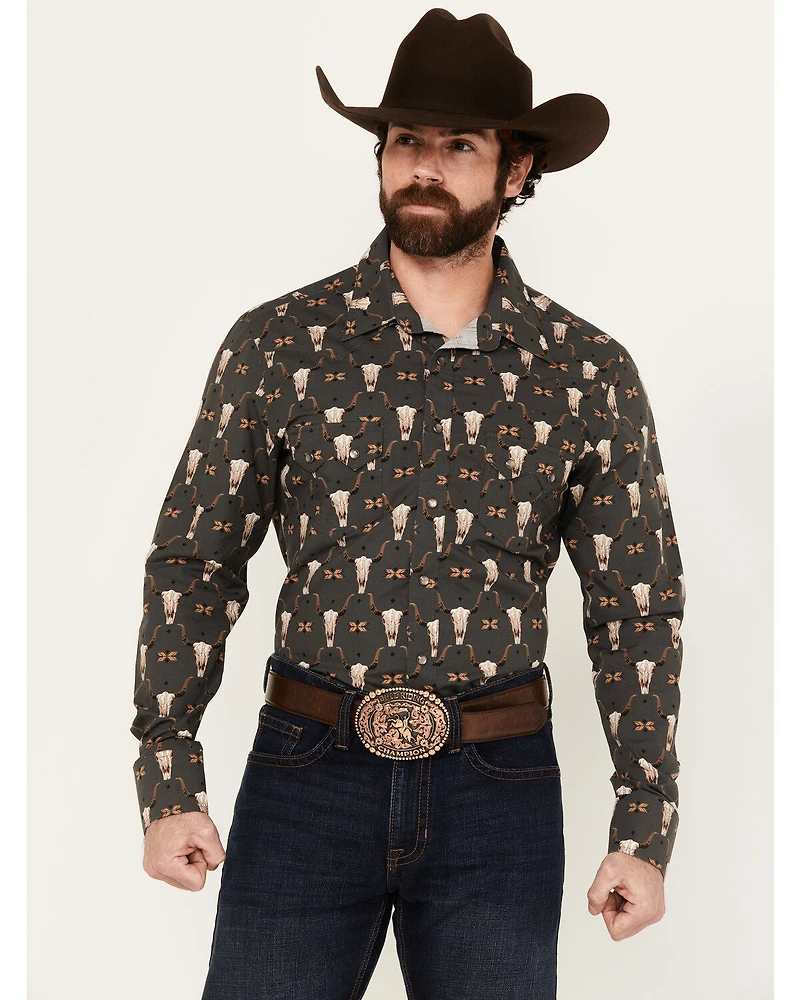 Rock & Roll Denim Men's Vintage '46 Steer Head Print Long Sleeve Pearl Snap Western Shirt