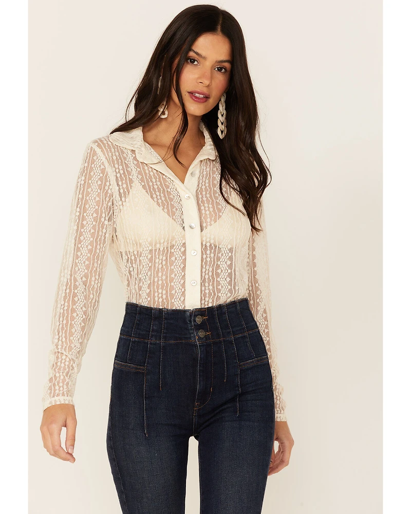Wild Moss Women's Lace Button Front Sheer Long Sleeve Shirt