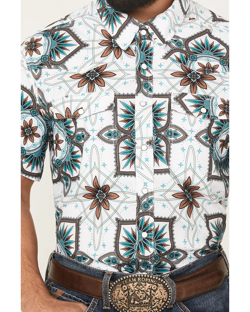 Rock & Roll Denim Men's Medallion Print Short Sleeve Snap Stretch Western Shirt