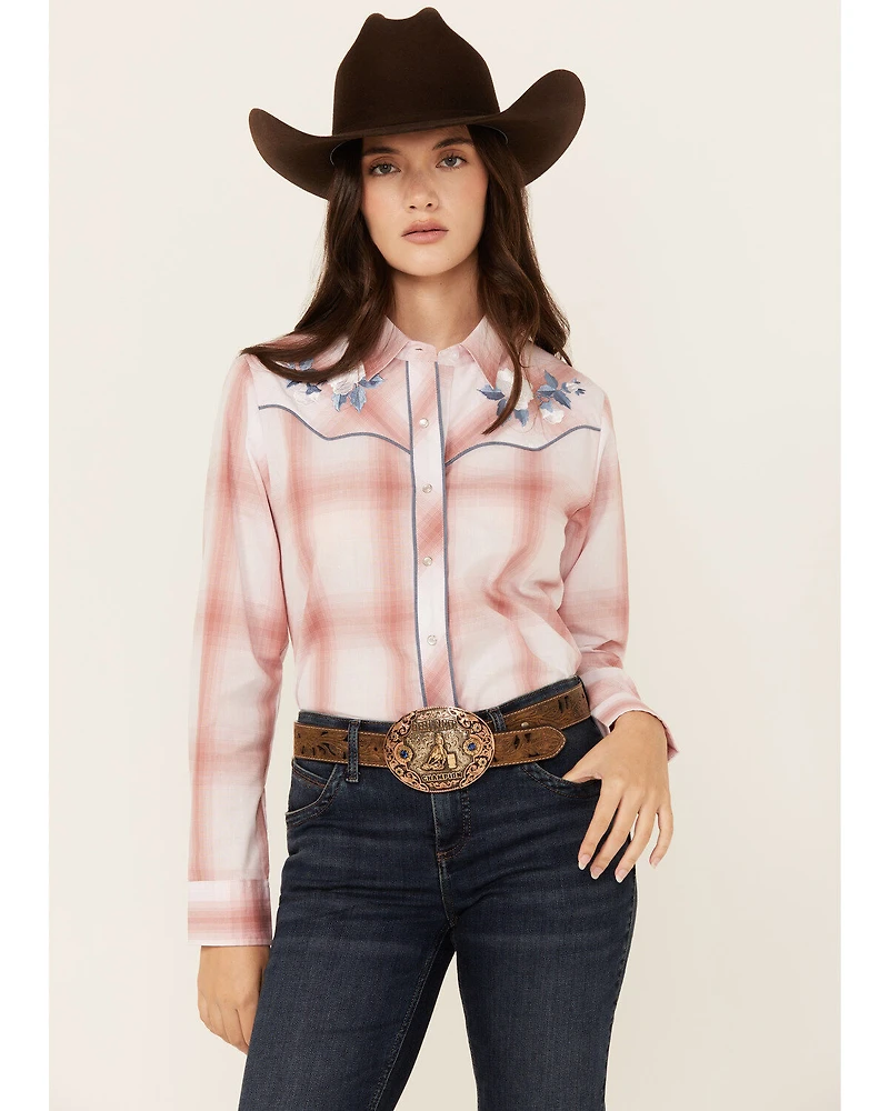 Ely Walker Women's Floral Embroidered Plaid Print Long Sleeve Pearl Snap Western Shirt