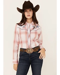 Ely Walker Women's Floral Embroidered Plaid Print Long Sleeve Pearl Snap Western Shirt