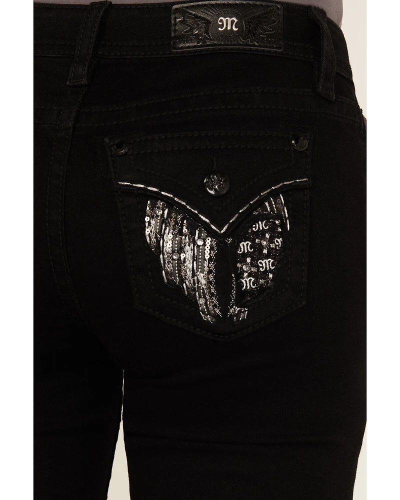 Miss Me Women's Wing Embroidered Mid Rise 32" Bootcut Stretch Denim Jeans