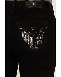 Miss Me Women's Wing Embroidered Mid Rise 32" Bootcut Stretch Denim Jeans