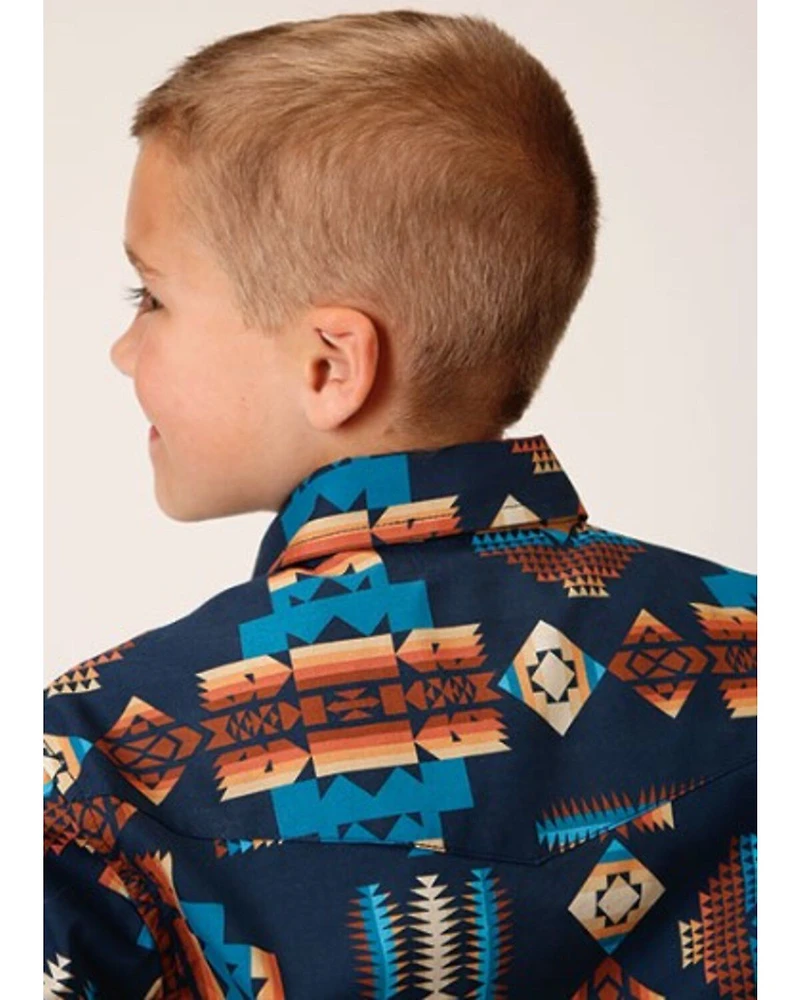Roper Boys' Vintage Style Vertical Southwestern Print Long Sleeve Snap Western Shirt