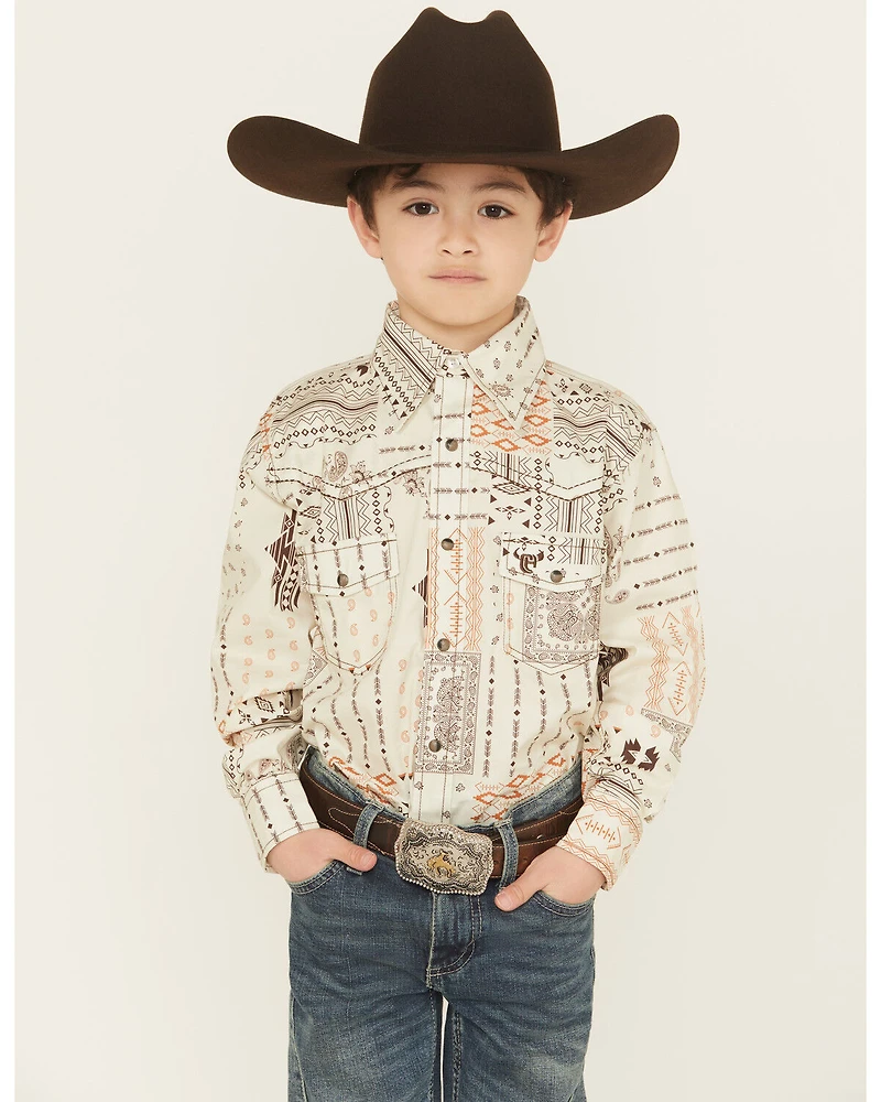 Cowboy Hardware Boys' Southwestern Bandana Print Long Sleeve Snap Stretch Western Shirt