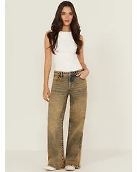 Miss Me Women's Vintage Mid Rise Baggy 32" Wide Leg Stretch Denim Jeans