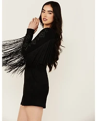 Idyllwind Women's Lois Studded Long Sleeve Fringe Mini Dress