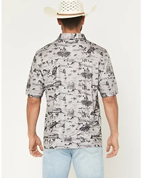 CInch Men's Cowboy Print Short Sleeve Button-Down Stretch Polo Shirt