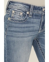 Miss Me Women's Medium Wash Mid Rise Butterfly Pocket 34" Bootcut Stretch Denim Jeans