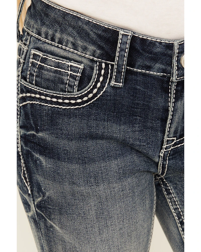 Grace LA Girls' Dark Wash Fleur De Lis Bootcut Stretch Denim Jeans