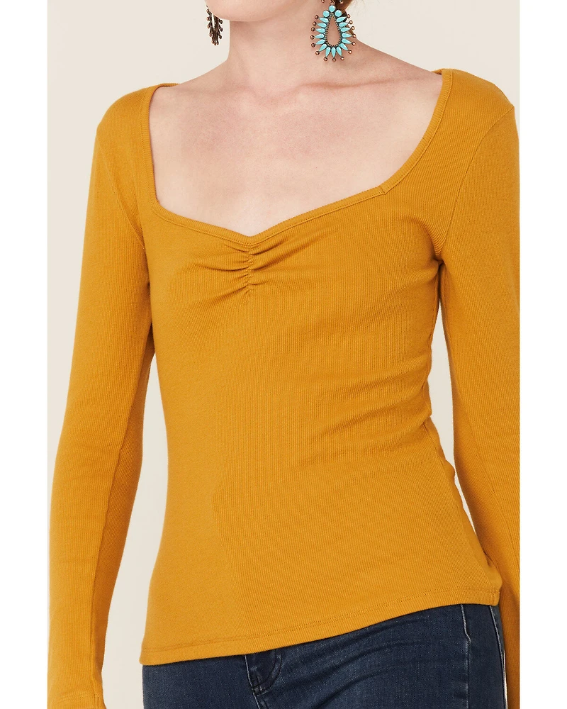 Panhandle Women's Cinch Front Ribbed Knit Long Sleeve Top