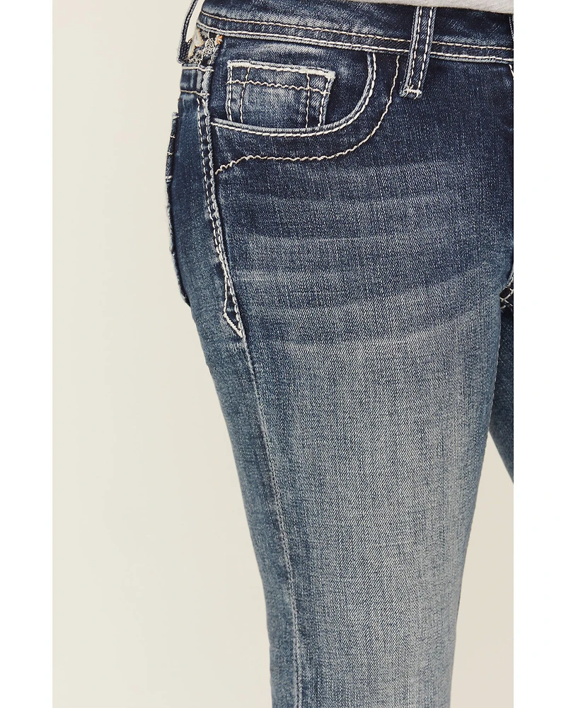 Grace LA Girls' Medium Wash Floral Embroidered Faux Flap Pocket Bootcut Stretch Denim Jeans