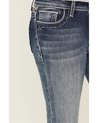 Grace LA Girls' Medium Wash Floral Embroidered Faux Flap Pocket Bootcut Stretch Denim Jeans