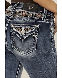 Miss Me Women's Medium Wash Mid Rise Floral Yoke 34" Bootcut Stretch Denim Jeans