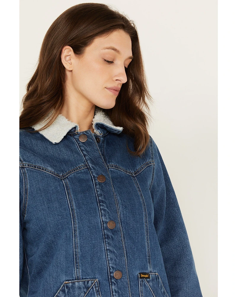 Wrangler Women's Medium Wash Denim Sherpa Lined Barn Coat