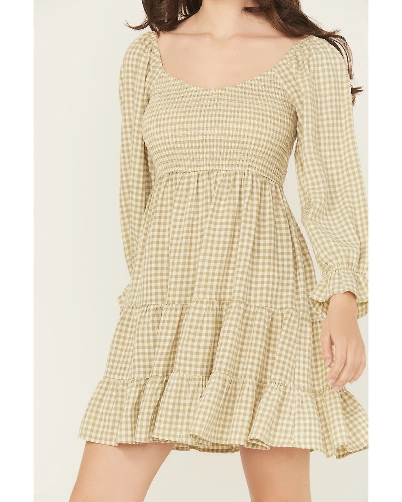 Blue B Women's Gingham Long Sleeve Mini Dress
