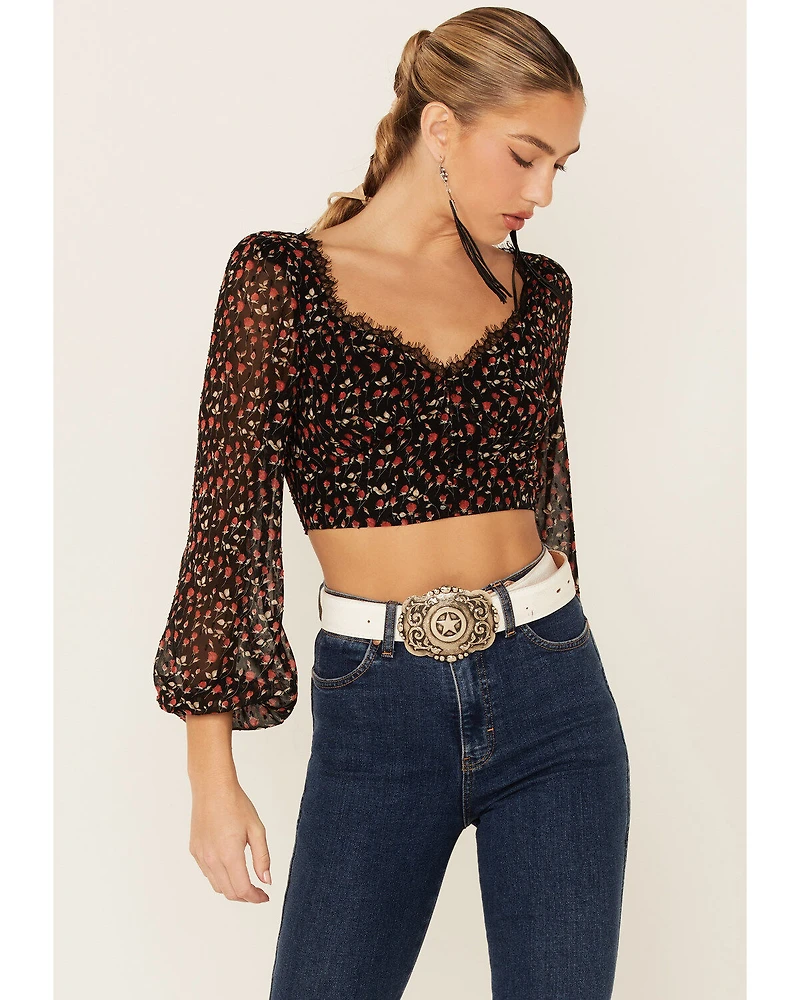 Lush Women's Lace Trim Rose Long Sleeve Crop Blouse