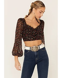 Lush Women's Lace Trim Rose Long Sleeve Crop Blouse