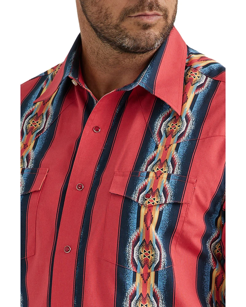 Wrangler Men's Checotah Southwestern Striped Print Long Sleeve Pearl Snap Western Shirt - Tall
