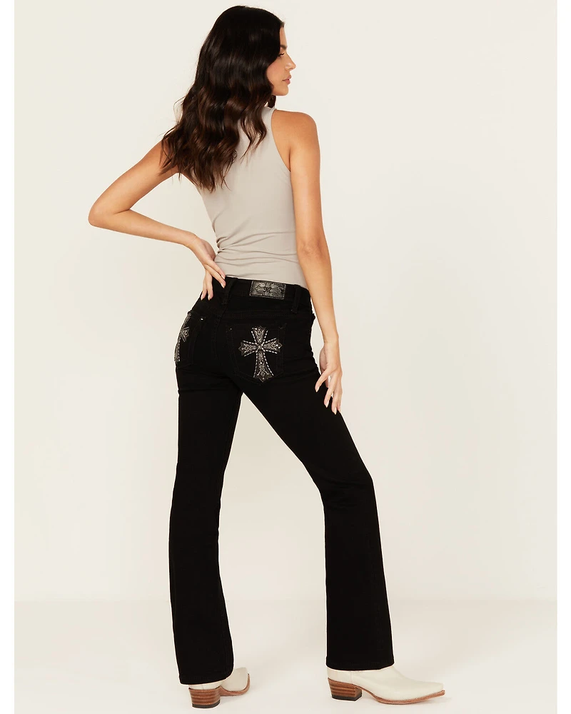 Miss Me Women's Mid Rise Cross Pocket 32" Bootcut Stretch Denim Jeans