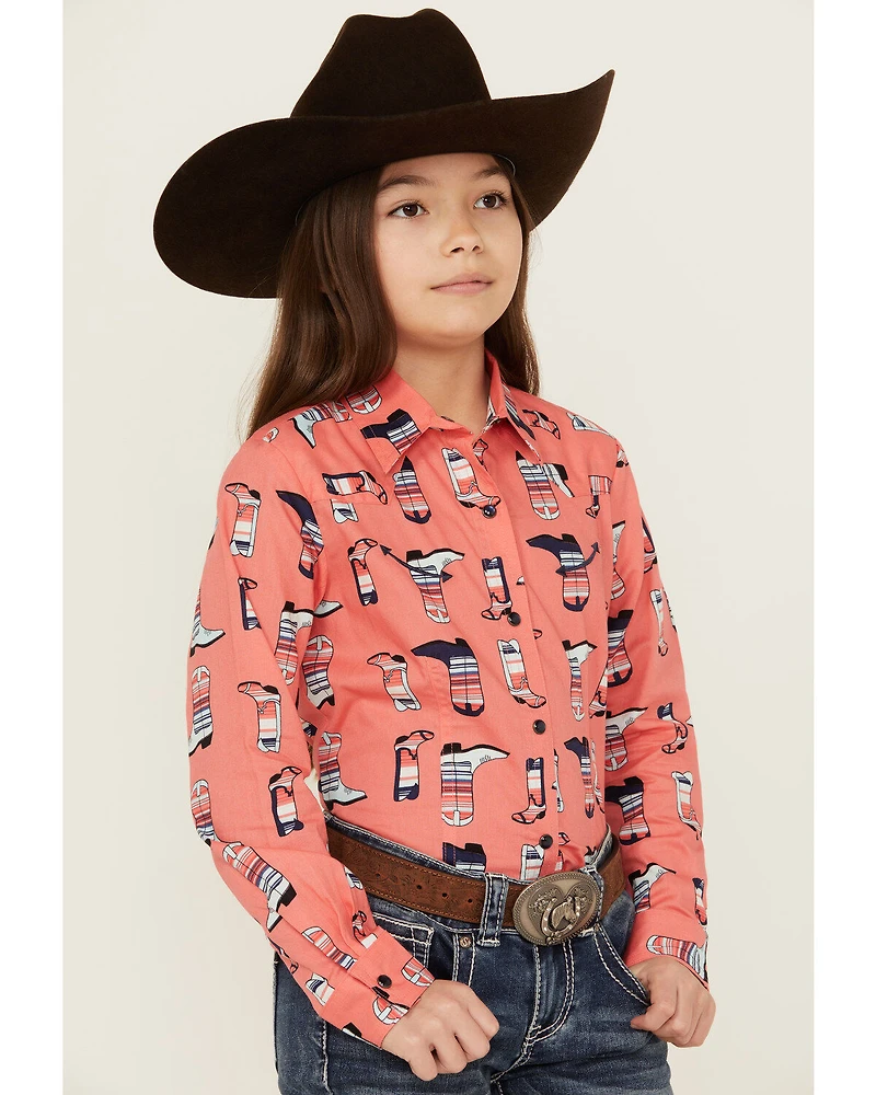 Cruel Girl Girls' Boot Print Long Sleeve Pearl Snap Western Shirt