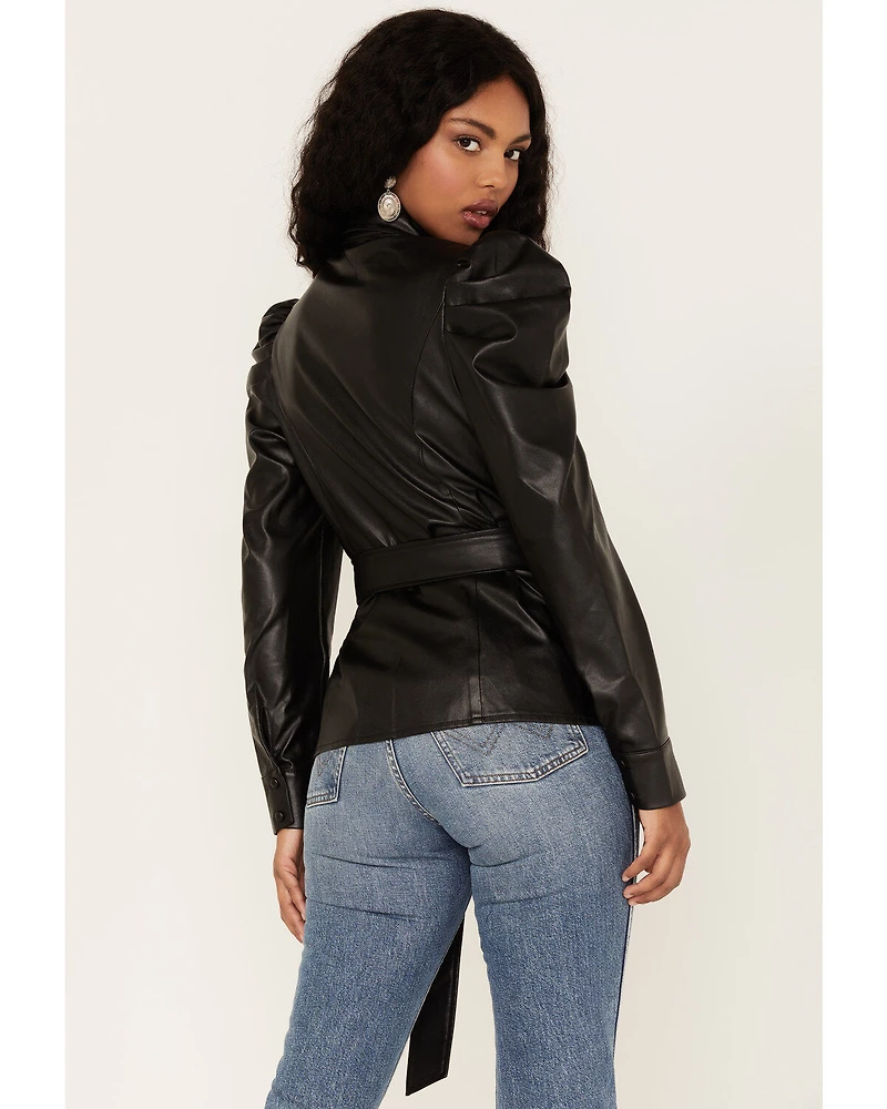 Flying Tomato Women's Faux Leather Puff Sleeve Shirt