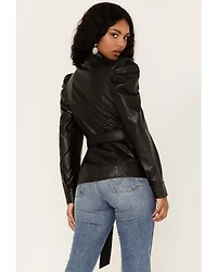 Flying Tomato Women's Faux Leather Puff Sleeve Shirt