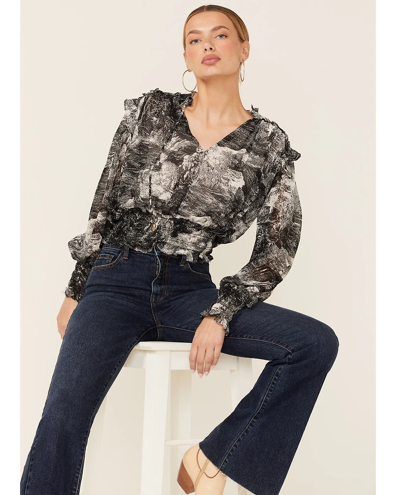 Revel Women's Toile Print Smocked Long Sleeve Top