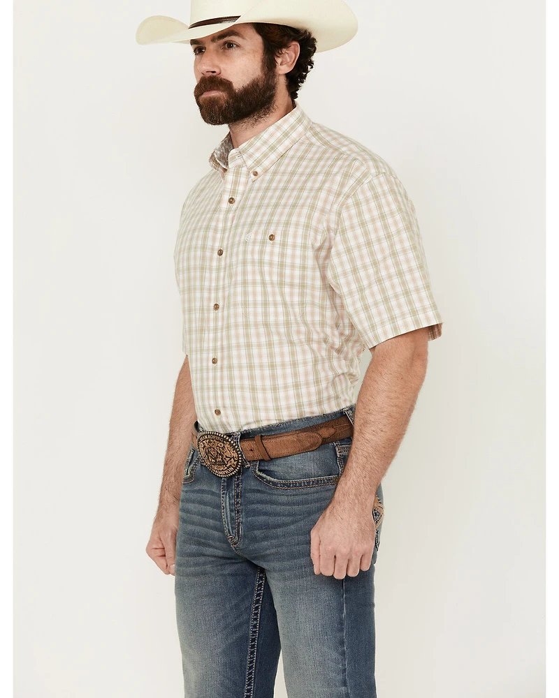 George Strait by Wrangler Men's Plaid Print Short Sleeve Button-Down Stretch Western Shirt