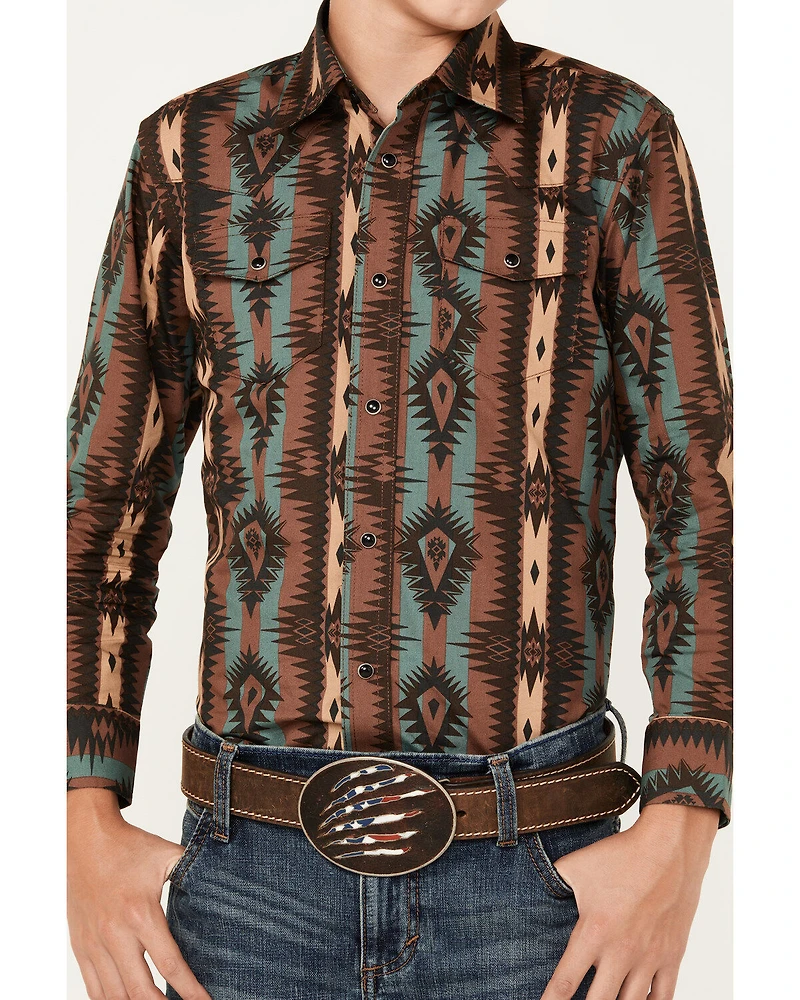 Wrangler Boys' Checotah Southwestern Striped Long Sleeve Snap Western Shirt