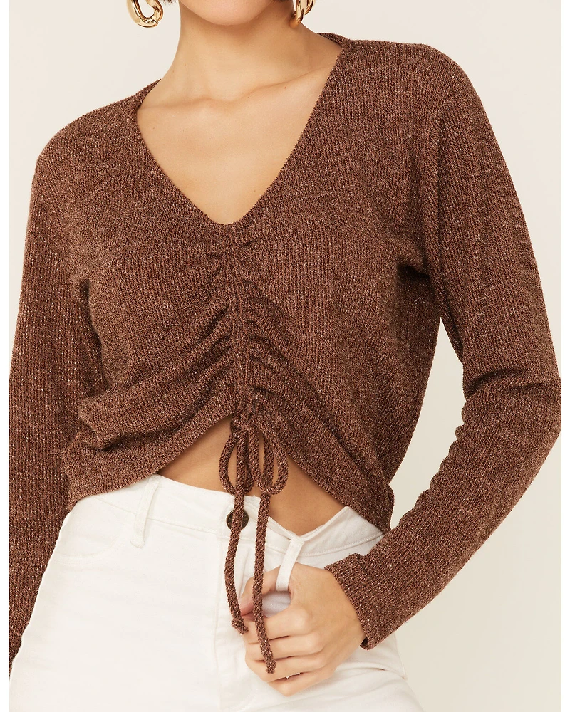 Wild Moss Women's Brown Ribbed Lurex Cinch Front Knit Top