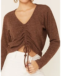 Wild Moss Women's Brown Ribbed Lurex Cinch Front Knit Top