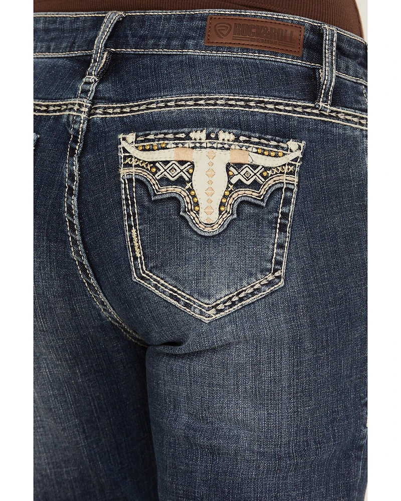 Rock & Roll Denim Women's Medium Wash Mid Rise Steer Head Bootcut Stretch Jeans