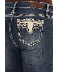 Rock & Roll Denim Women's Medium Wash Mid Rise Steer Head Bootcut Stretch Jeans