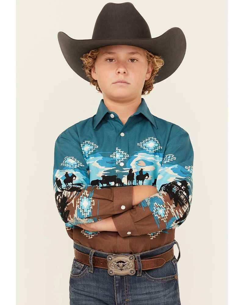 Panhandle Boys' Cowboy Border Print Long Sleeve Snap Western Shirt