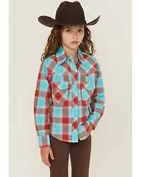 Cowgirl Hardware Girls' Plaid Print Long Sleeve Pearl Snap Stretch Western Shirt