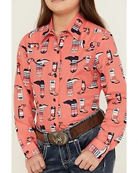 Cruel Girl Girls' Boot Print Long Sleeve Pearl Snap Western Shirt